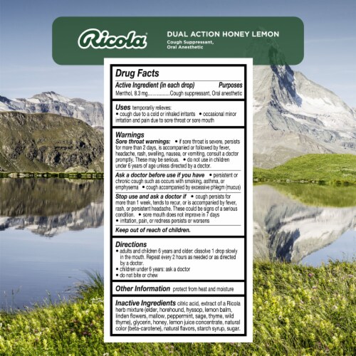 Ricola Dual Action Honey Lemon Cough Suppressant Drops Perspective: back