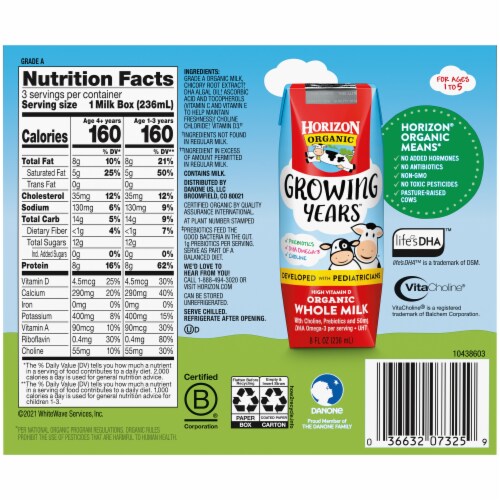 Horizon Organic® Growing Years Shelf-Stable Single-Serve Whole Milk Boxes with DHA Omega-3 Perspective: back