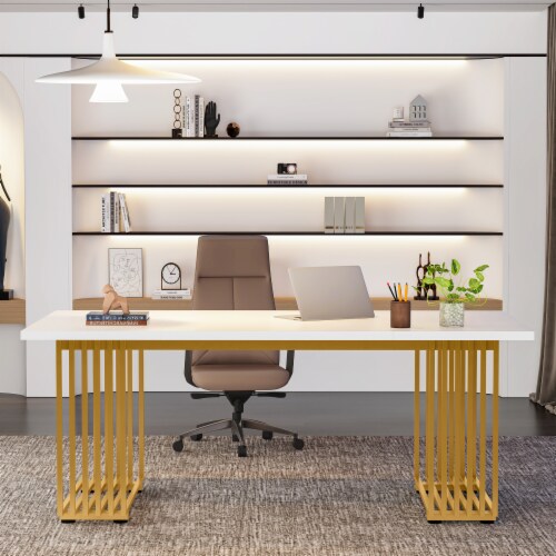 Tribesigns 70.86 Modern Office Desk White Wooden Computer Desk Gold Legs 1 unit Fred Meyer