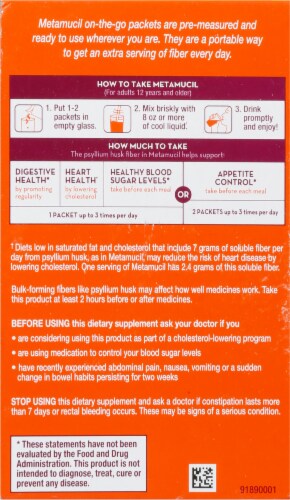 Metamucil 4-in-1 MultiHealth Real Sugar Fiber Orange Smooth Powder Packets Supplement Perspective: back