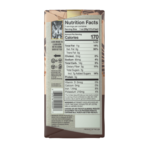 Endangered Species Almonds and Sea Salt 72% Dark Chocolate Bar Perspective: back