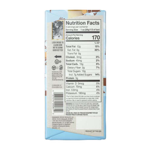 Endangered Species Fudgy Peanut Butter + Milk Chocolate Bar Perspective: back