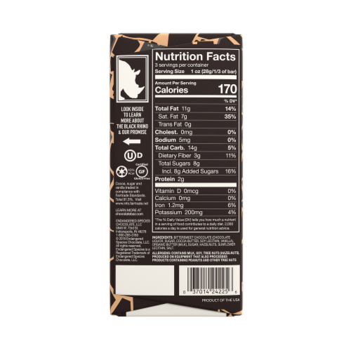 Endangered Species 72% Cocoa Hazelnut Toffee Dark Chocolate Bar Perspective: back