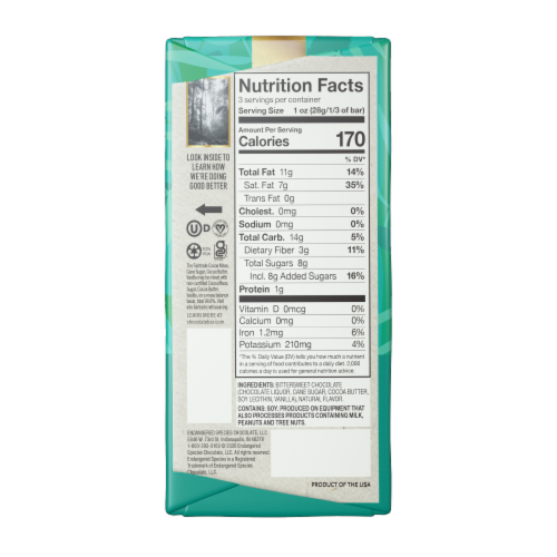 Endangered Species Chocolate Forest Mint + 72% Dark Chocolate Bar Perspective: back