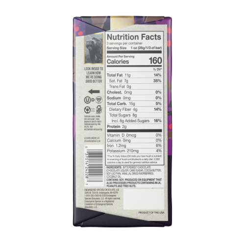 Endangered Species Chocolate Tart Raspberries 72% Cocoa Dark Chocolate Bar Perspective: back