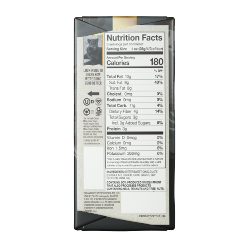 Endangered Species Chocolate Extreme Dark 88% Dark Chocolate Bar Perspective: back