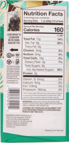 Endangered Species Chocolate Rice Crisps + 55% Oat Milk Dark Chocolate Bar Perspective: back