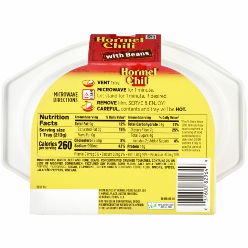 Hormel Chili with Beans Microwavable Tray Perspective: back