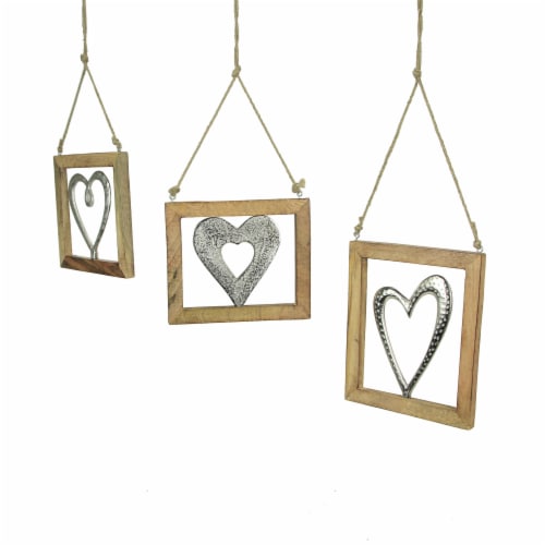 Set of 3 Wood Framed Open Work Metal Heart Wall Hangings W/ Rope Hangers Perspective: back