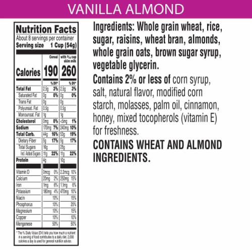 Kellogg's Raisin Bran Crunch Breakfast Cereal Vanilla Almond Perspective: back