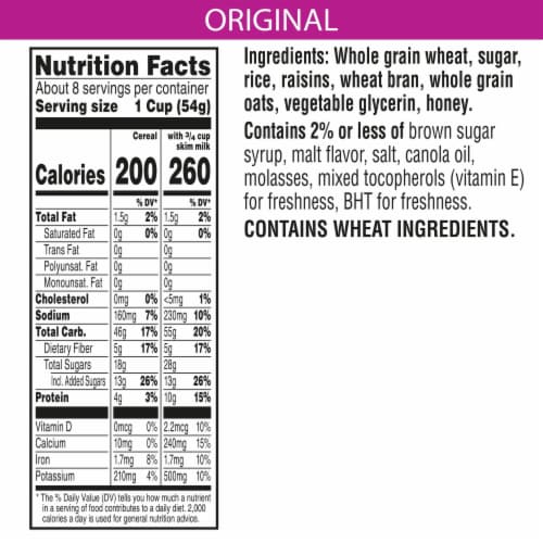 Kellogg's Raisin Bran Crunch Toasted Oats and Honey Cold Breakfast Cereal Perspective: back