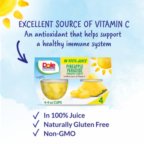 Dole® Fruit Bowls® Pineapple Tidbits In 100% Pineapple Juice Cups Perspective: back