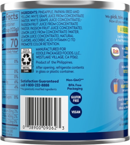 Dole® Tropical Fruit Pineapple and Papaya in Juice Perspective: back