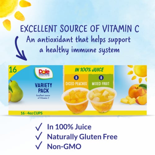 DOLE® Fruit Bowls® Yellow Cling Diced Peaches & Mixed Fruit in 100% Fruit Juice Cups Variety Pack Perspective: back