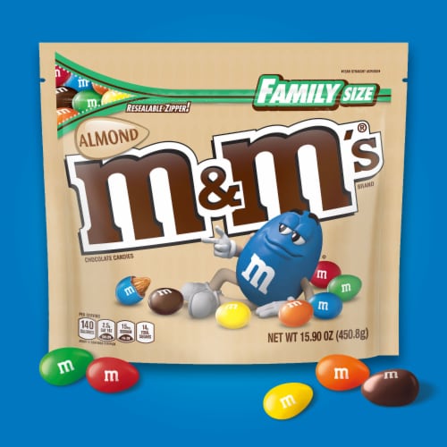 M&M'S Almond Milk Chocolate Candy Family Size Bag Perspective: back