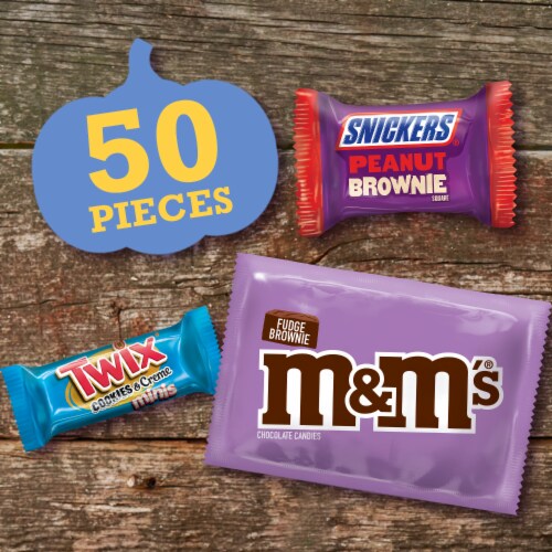 M&M'S Fudge Brownie & Snickers Peanut Brownie & Twix Cookies & Creme Bulk Halloween Candy Perspective: back