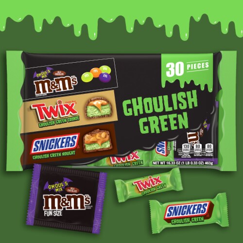 M&M'S & Snickers & Twix Ghoulish Green Chocolate Halloween Candy Variety Pack Perspective: back