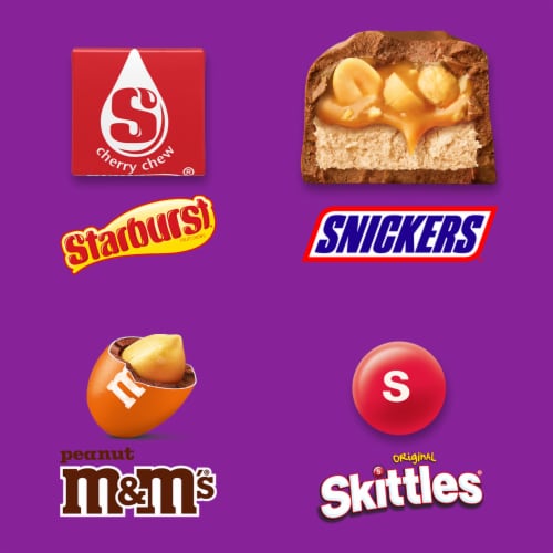 M&M'S Peanut Snickers Starburst & Skittles Fun Size Candy Variety Pack Party Size Bulk Bag Perspective: back