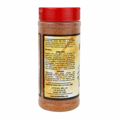 Lotta Bull BBQ Diamond Dust Rib Rub Seasoning Pork Chicken Beef 13.12 Oz Bottle Perspective: back