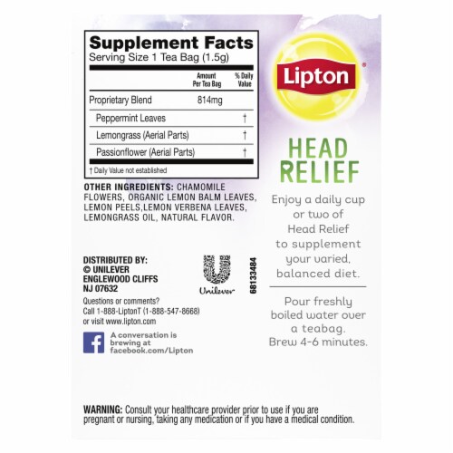 Lipton® Head Relief Peppermint Lemongrass Passion Flower Caffeine Free Herbal Tea Bags 15 Count Perspective: back