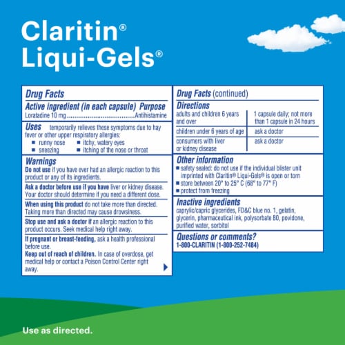Claritin 24 Hour Non-Drowsy Allergy Relief Liqui-Gels Loratadine 10mg Perspective: back