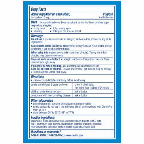 Claritin 24 Hour Allergy Relief Cool Mint Chewable Tablets Loratadine 10mg Perspective: back