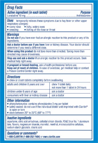 Claritin 24 Hour Allergy Relief Cool Mint Chewable Tablets Loratadine 10mg Perspective: back