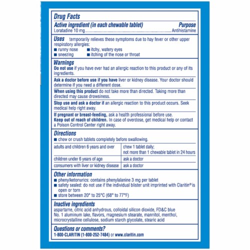 Claritin Non-Drowsy 24 Hour Allergy Relief Loratadine Cool Mint Chewable Tablets 10mg Perspective: back