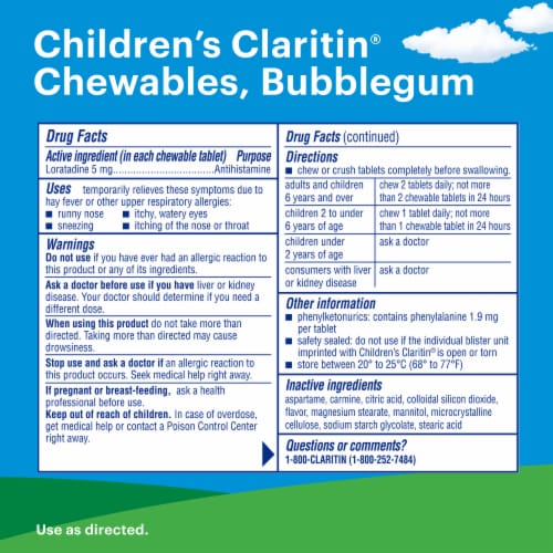 Children's Claritin® Bubblegum Flavored Chewable Tablets Perspective: back