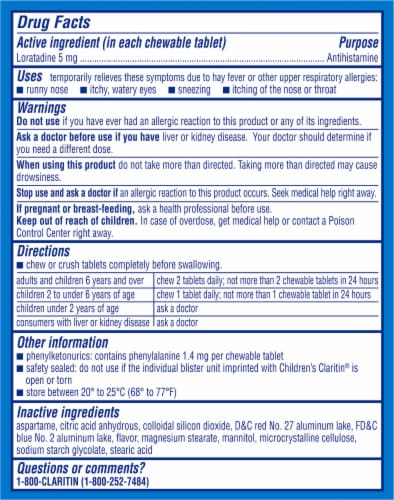 Children's Claritin 24 Hour Allergy Relief Grape Chewable Loratadine 5mg Perspective: back
