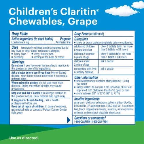 Children's Claritin® 24 Hour Allergy Relief Grape Chewable Loratadine 5mg Perspective: back