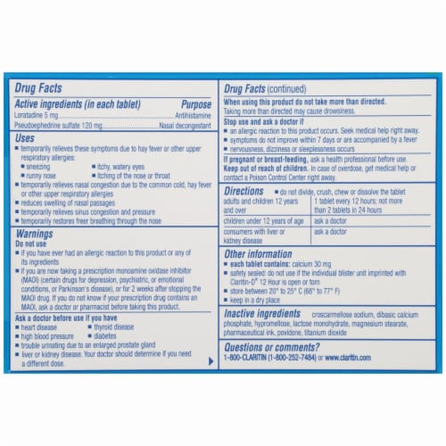 Claritin-D Non-Drowsy Indoor & Outdoor Allergies Allergy & Congestion Extended Relief Tablets Perspective: back
