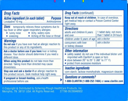 Claritin 24 Hour Allergy Tablets Perspective: back