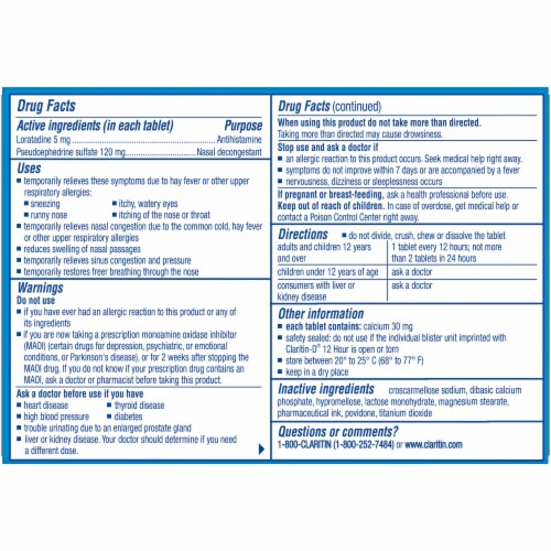 Claritin D 12 Hour Non-Drowsy Indoor & Outdoor Allergy Relief Tablets Perspective: back