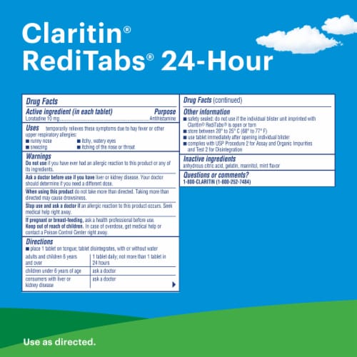 Claritin 24 Hour Non-Drowsy Allergy Relief RediTab Tablets Loratadine 10mg Perspective: back