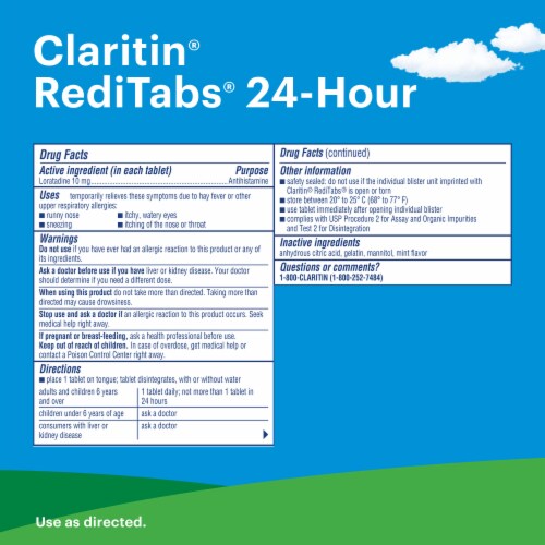 Claritin® 24 Hour Non-Drowsy Allergy Relief Loratadine 10mg RediTabs® Tablets Perspective: back