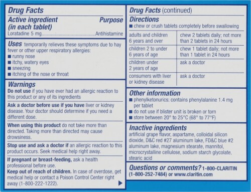 Children's Claritin® 24 Hour Allergy Relief Grape Flavored Loratadine Chewable Tablets 5mg Perspective: back