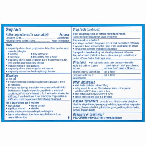 Claritin-D Non-Drowsy Indoor & Outdoor Allergies Allegy Relief Extended Release Tablets Perspective: back