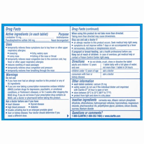 Claritin-D Non-Drowsy Indoor & Outdoor Allergies Allegy Relief Extended Release Tablets Perspective: back
