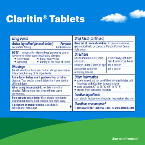 Claritin 24 Hour Non-Drowsy Allergy Relief Tablets Loratadine 10mg Perspective: back