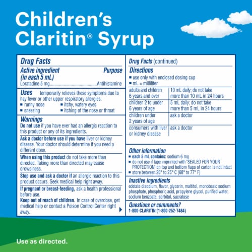 Children's Claritin 24 Hour Non-Drowsy Allergy Relief Grape Syrup Loratadine 5mg Perspective: back
