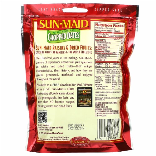 Sun-Maid® Deglet Noor Dried Diced Dates 8oz Fresh-Lock® Zipper Stand-Up Bag Perspective: back