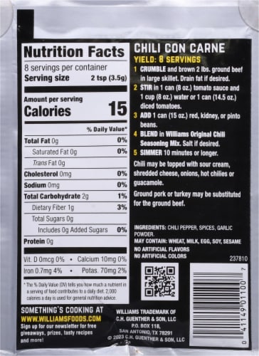Williams Original Chili Seasoning Perspective: back