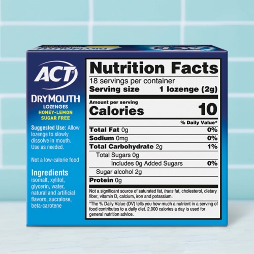 ACT Dry Mouth Sugar Free Honey-Lemon with Xylitol Lozenges Perspective: back