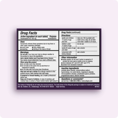 Allegra Adult 24-Hour Non-Drowsy Allergy Relief Antihistamine Tablets with 180 mg Fexofenadine HCI Perspective: back