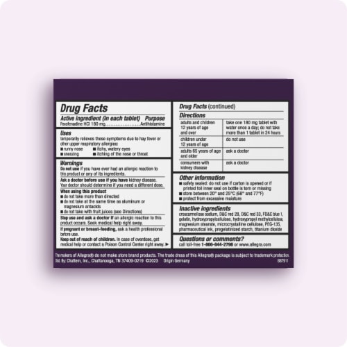 Allegra Adult 24 Hour Non-Drowsy Allergy And Sinus Antihistamine Gelcaps Fexofenadine HCL Perspective: back