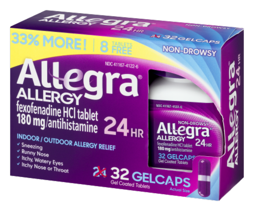 Allegra Non-Drowsy 24-Hour Allergy Relief Gelcaps 180mg Perspective: back