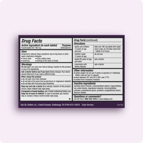 Allegra Adult 24-Hour Non-Drowsy Allergy Relief Antihistamine Tablets with 180 mg Fexofenadine HCI Perspective: back
