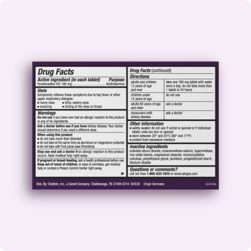 Allegra Adult 24-Hour Non-Drowsy Allergy Relief Antihistamine Tablets with 180 mg Fexofenadine HCI Perspective: back