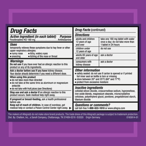 Allegra Adult 24HR Non-Drowsy Antihistamine Allergy Relief Tablets Perspective: back
